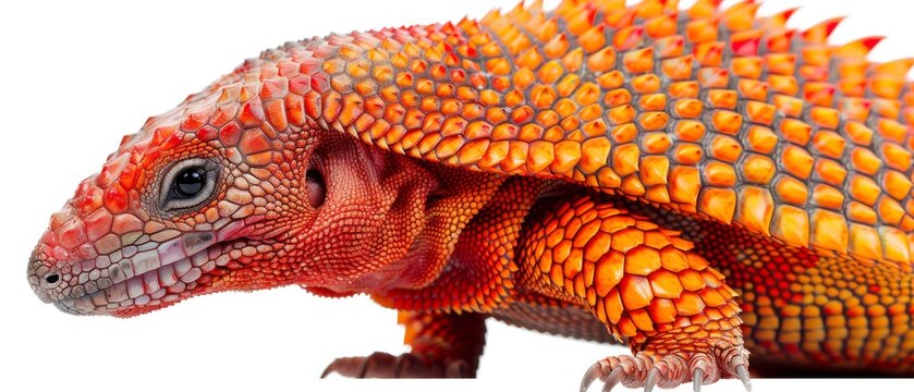  a close up of a lizard's head with orange and red scales on it's body and a white background.