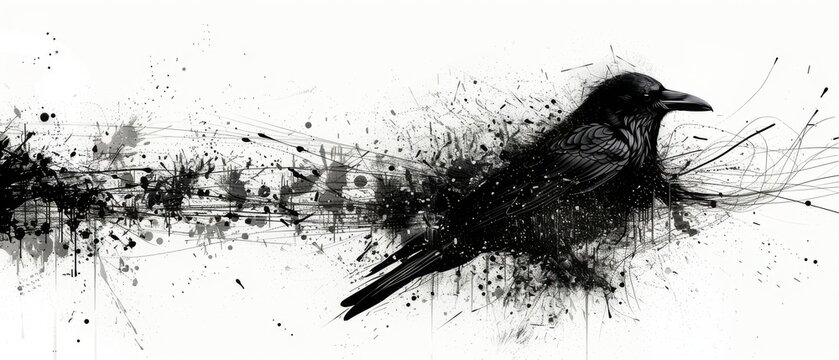  a black and white photo of a bird with splatters of paint on it's body and wings.