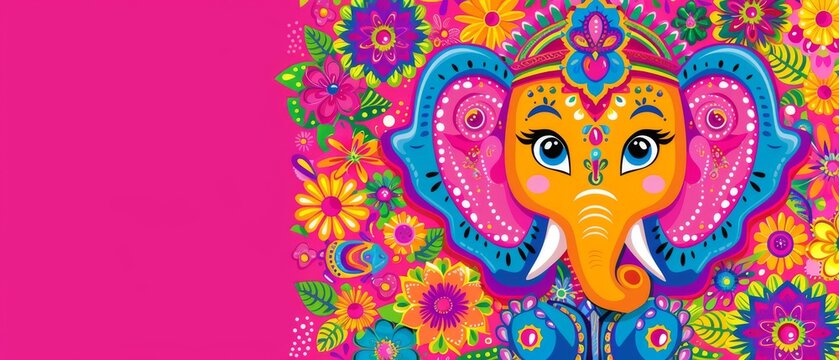  a colorful painting of an elephant with flowers on it's head and a pink background with a pink border.