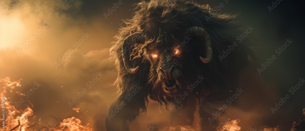 Wall mural a large horned animal with glowing eyes standing in front of a bunch of fire and smoke on a dark bac