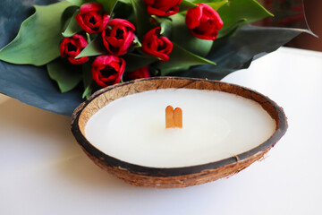 original candle in coconut from natural soy wax with a wooden wick	