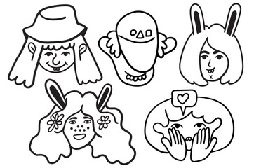 set of girls portrait in doodle style in vector. line art for avatar design sticker coloring postcard poster print