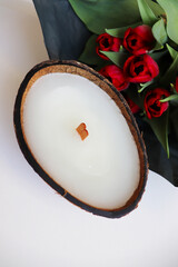 original candle in coconut from natural soy wax with a wooden wick	