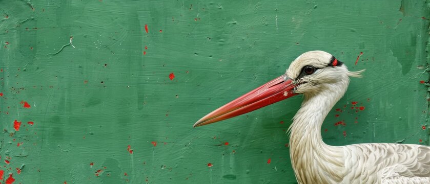  a white bird with a long red beak standing in front of a green wall with a red spot on it's forehead.