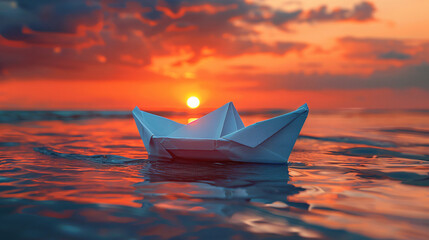 Paper boat in shallow water of sea at sunset