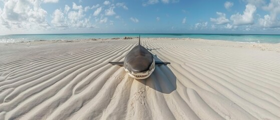  a large gray shark laying on top of a sandy beach next to a body of water with clouds in the sky. - obrazy, fototapety, plakaty