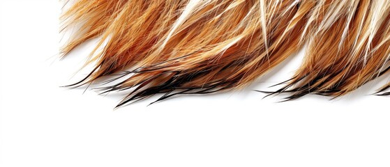 a close up of a piece of hair with long, brown, and yellow hair on top of a white surface.