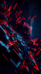 A captivating and abstract digital artwork featuring a vibrant, chaotic scene with a dynamic background composed of sharp, blocky shapes in deep hues of red, blue, and black. Generative Ai