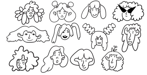 set of girls portrait in doodle style in vector. line art for avatar design sticker coloring postcard poster print