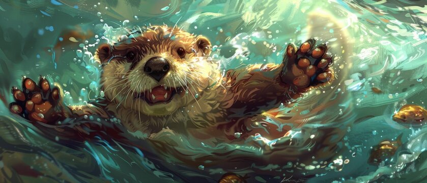  a painting of a sea otter swimming in a body of water with his paws in the air and his mouth open.