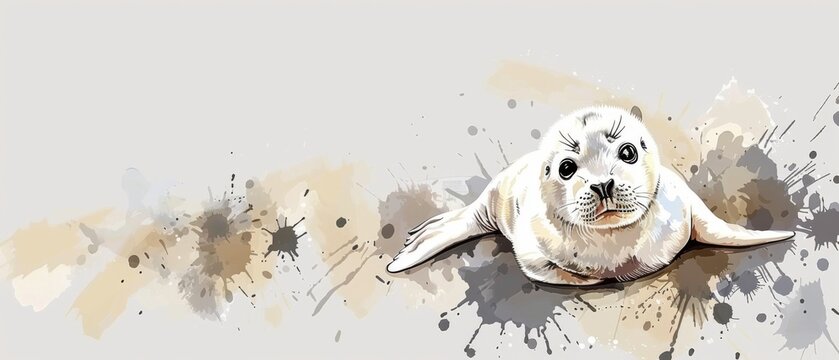  a painting of a seal sitting on the ground with paint splattered on it's face and body.