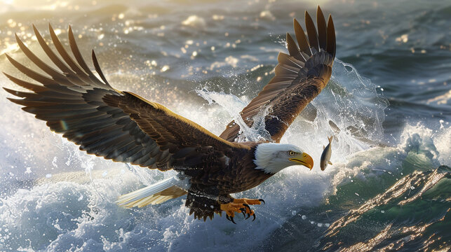 Bald eagle catching fish out of the water with dramatic splashing