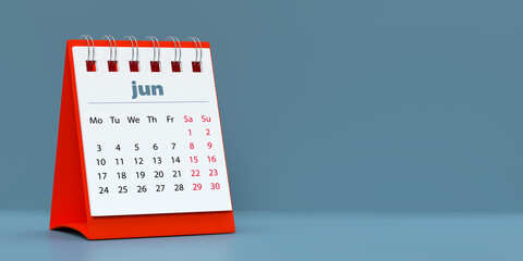 2024 June spiral monthly desk calendar. 3D rendered horizontal page on blue background with copy space. Set of 12 month layouts. Week starts with Monday. Weekends marked in red.