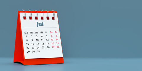 2024 July spiral monthly desk calendar. 3D rendered horizontal page on blue background with copy space. Set of 12 month layouts. Week starts with Monday. Weekends marked in red.