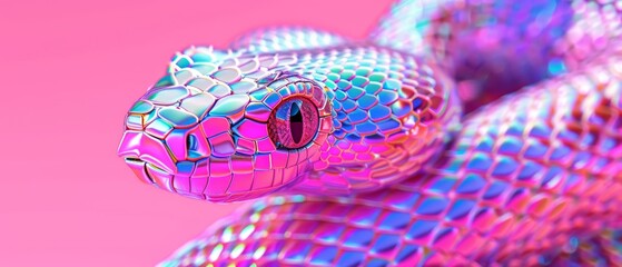  a close up of a snake's head on a pink and blue background with a pink circle in the center. - obrazy, fototapety, plakaty