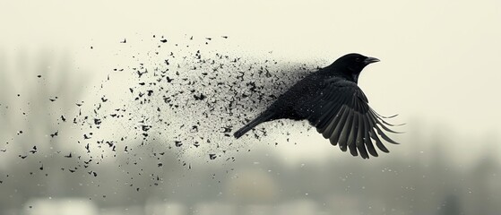 Fototapeta premium a black bird flying through the air with a lot of birds in it's beaks in front of a cityscape.