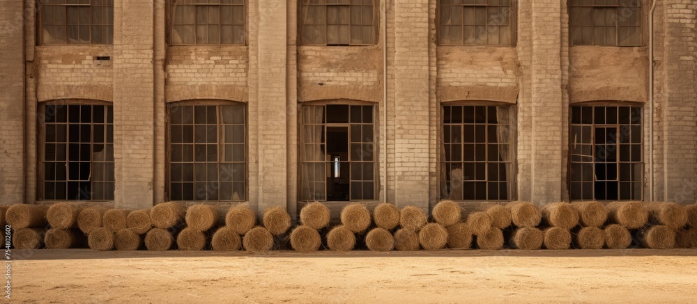 Aufkleber a tall stack of logs is piled up in front of an old, desolate building with many windows. the logs a