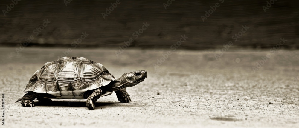 Sticker  a black and white photo of a small tortoise on the ground with it's head in the air.