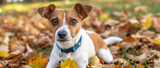  a small brown and white dog laying on top of a pile of leaves on top of a lush green field.