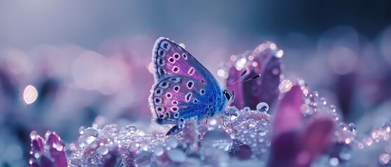  a close up of a butterfly on a flower with drops of water on the petals and a blurry background.
