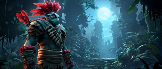  a digital painting of a man with red hair standing in the middle of a jungle with a full moon in the background.
