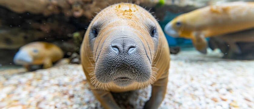  a close up of a dog's face in front of a group of fish in a tank of water.
