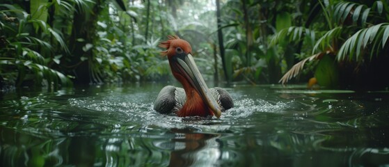  a large bird with a long beak swimming in a body of water with lots of green plants in the background.