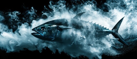  a fish that is in the water with a lot of smoke coming out of it's mouth and it's mouth.