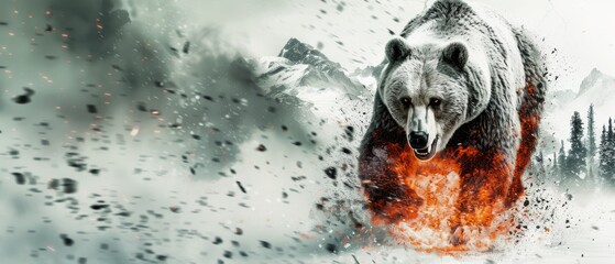  a bear that is standing in the snow with a fire coming out of it's mouth and a mountain in the background. - obrazy, fototapety, plakaty