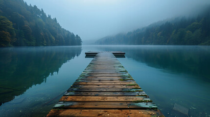 Peaceful lakeside scene with a wooden dock - obrazy, fototapety, plakaty