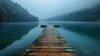 Raamstickers Peaceful lakeside scene with a wooden dock © Soomro