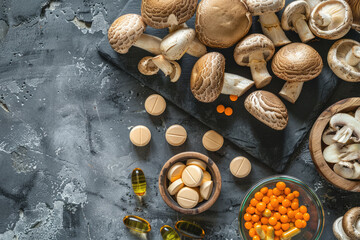 Obraz na płótnie Canvas mushroom supplement tablets. Overhead view of mushrooms with herbal medicine pills