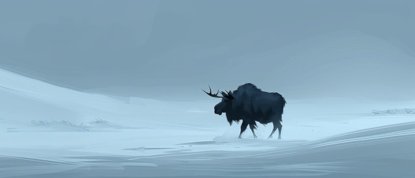  a painting of a bull standing in a snow covered field in the middle of a foggy, overcast day.