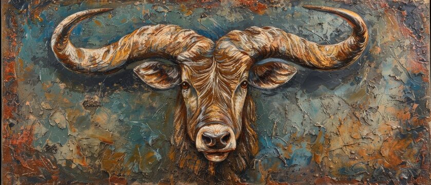  a painting of a bull's head on a blue and rusted piece of metal with rusted paint on it.