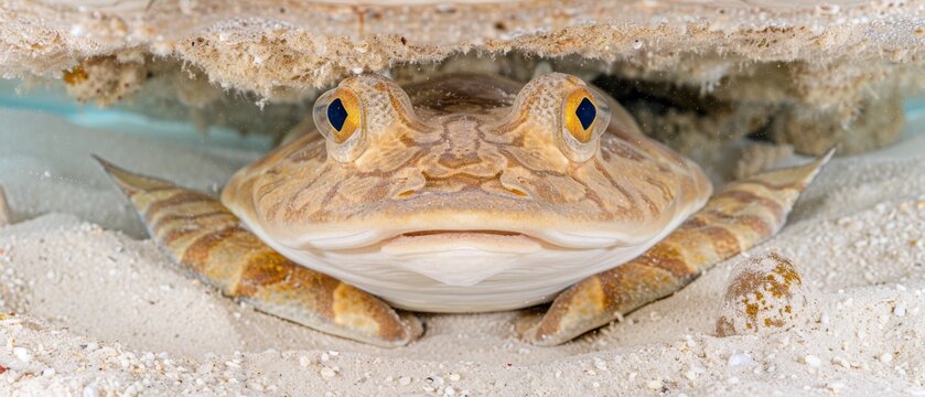  a close up of a fish looking out of a hole in the sand with sand on the ground and sand on the ground.