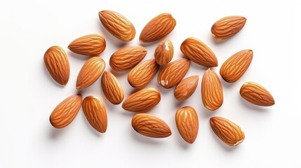 Numerous almond seeds are isolated on a white background, providing a top view angle and a clipping path for easy extraction.