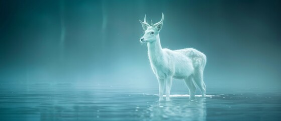  a white deer standing in the middle of a body of water in the middle of a foggy night sky.