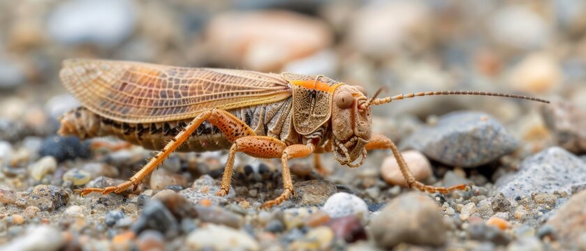 a close up of a bug on the ground with rocks and gravel in the background and a blurry image of a bug in the foreground.