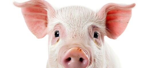  a close up of a pig's face with a pink ear tag on it's ear and a white background.