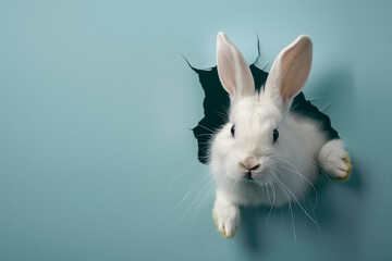 rabbit poster peeking out of a hole in the wall with copy space, rabbit jumps out of a torn hole