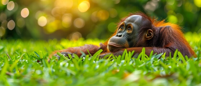  a close up of a monkey laying in a field of grass with a blurry background of trees and grass.
