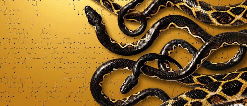  a close up of a snake on a yellow and black background with a black and white snake on the right side of the frame.