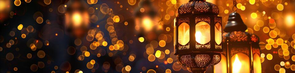 A Ramadan, Islamic, Muslim theme, Eid Mubarak header or banner with Arabian lanterns at night. Room for text.	 - obrazy, fototapety, plakaty