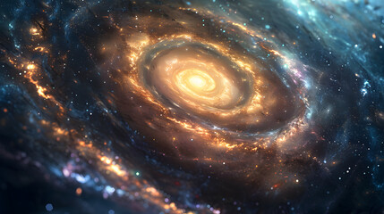 A galaxy with swirling orange and white spiral arms and a bright center. The background is black, and the galaxy is surrounded by stars.