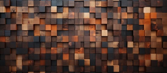 Close-up view of an urban wooden wall featuring a repetitive pattern of squares in varying sizes and shades. The squares are neatly arranged, creating a visually appealing and structured design.