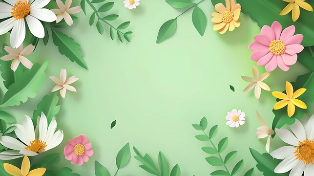 Floral background with flowers and leaves. Paper art style. Vector illustration.