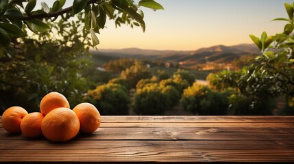 Oranges on a Wooden Table Overlooking Landscape