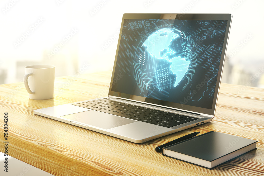Poster computer monitor with digital america map, global technology concept. 3d rendering