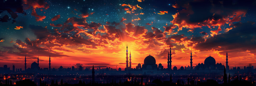 A Ramadan night sky, Eid Mubarak depicting Islamic Muslim Mosques and an Arabian theme during sunset. Wide header or banner with room for text.	