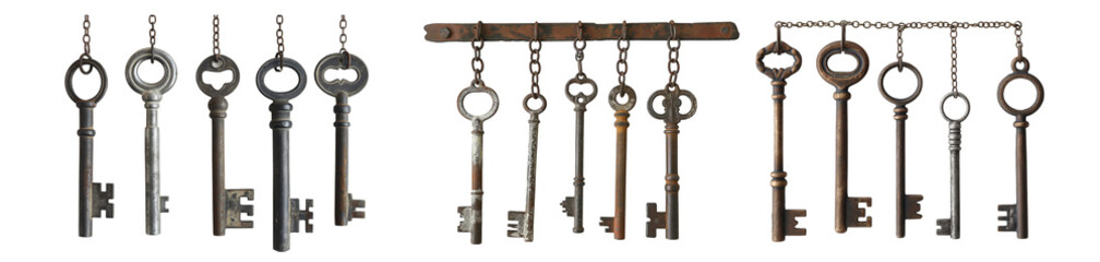 Various shapes and sizes of vintage decorative keys on transparent background